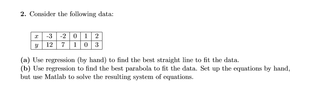 Solved 2. Consider the following data: 3 -3 - 2012 y 12 7 10 | Chegg.com