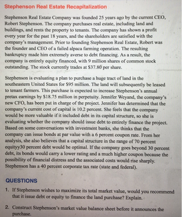 Solved Stephenson Real Estate Recapitalization Stephenson