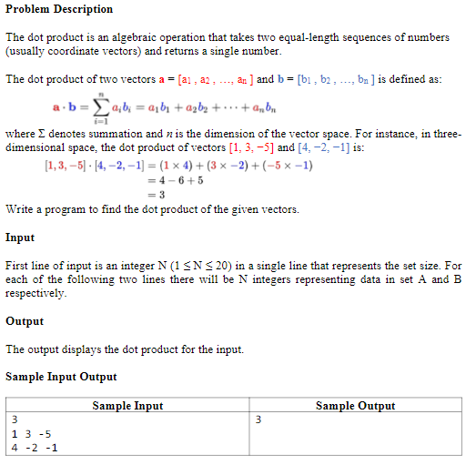 Solved Problem Description The dot product is an algebraic | Chegg.com