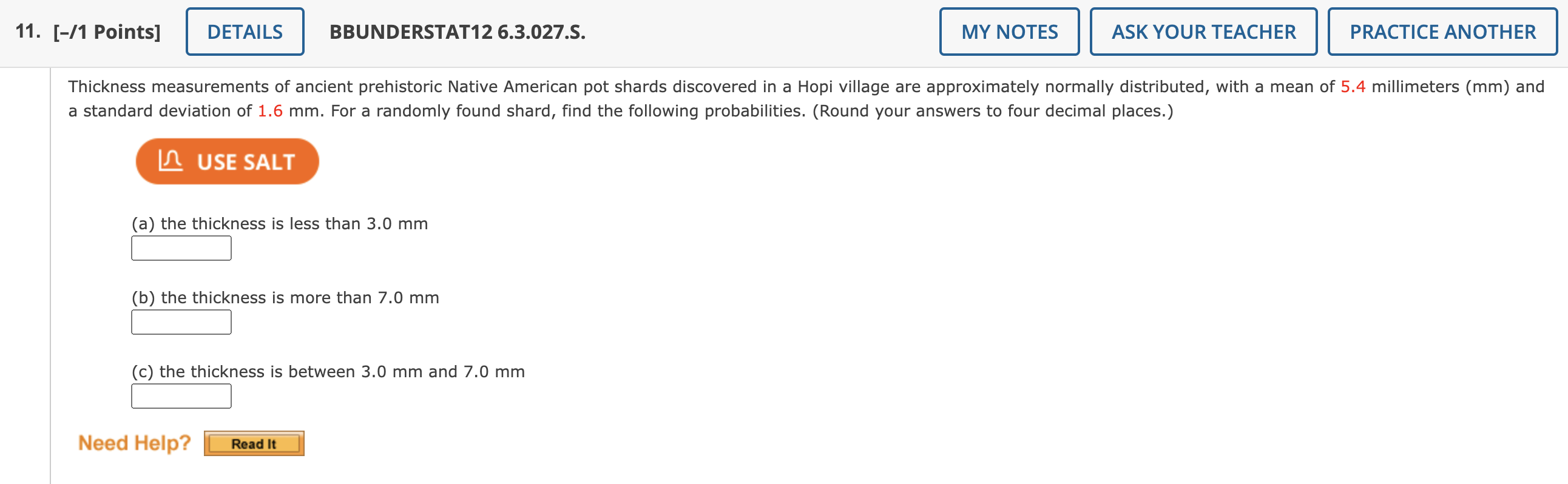 Solved 11. [-/1 Points] DETAILS BBUNDERSTAT12 6.3.027.S. MY | Chegg.com