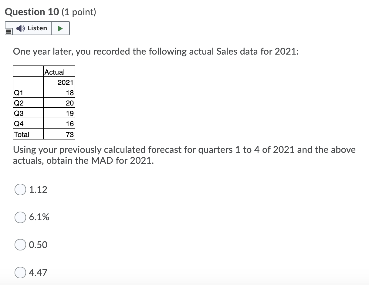 Solved Question 6 (1 point) » Listen Consider the following | Chegg.com