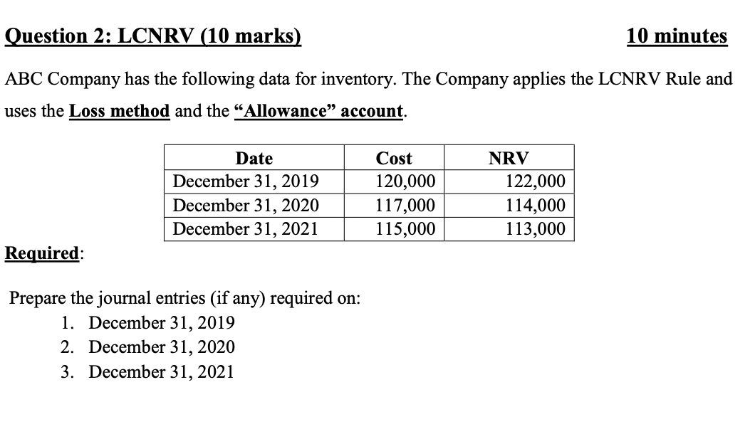 Solved Question 2: LCNRV (10 marks) 10 minutes ABC Company | Chegg.com