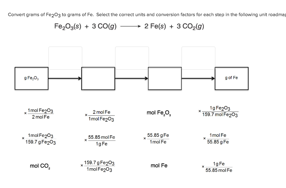 Solved Convert grams of Fe2O3 to grams of Fe. Select the