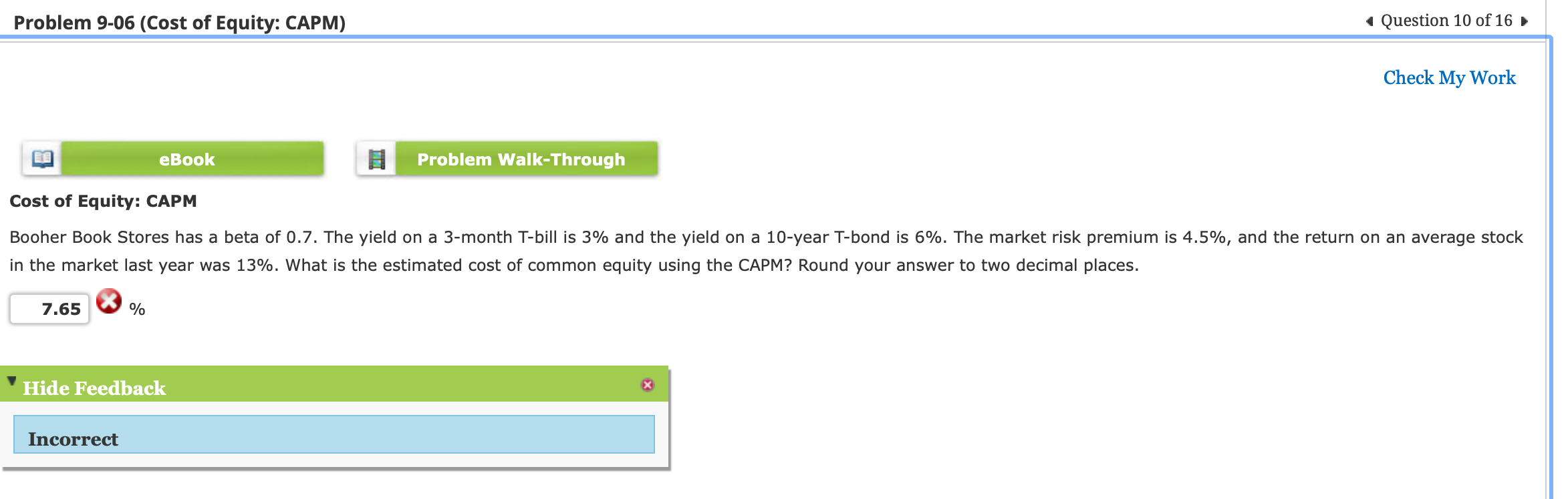 Solved Problem 906 (Cost of Equity CAPM) Question 10 of 16
