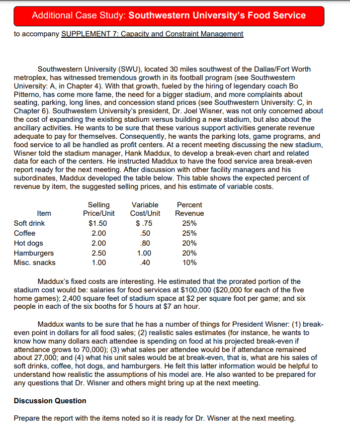 Additional Case Study: Southwestern University's Food | Chegg.com