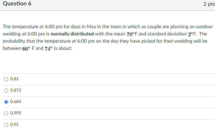 Solved Question 6 2 pts The temperature at 6:00 pm for days | Chegg.com
