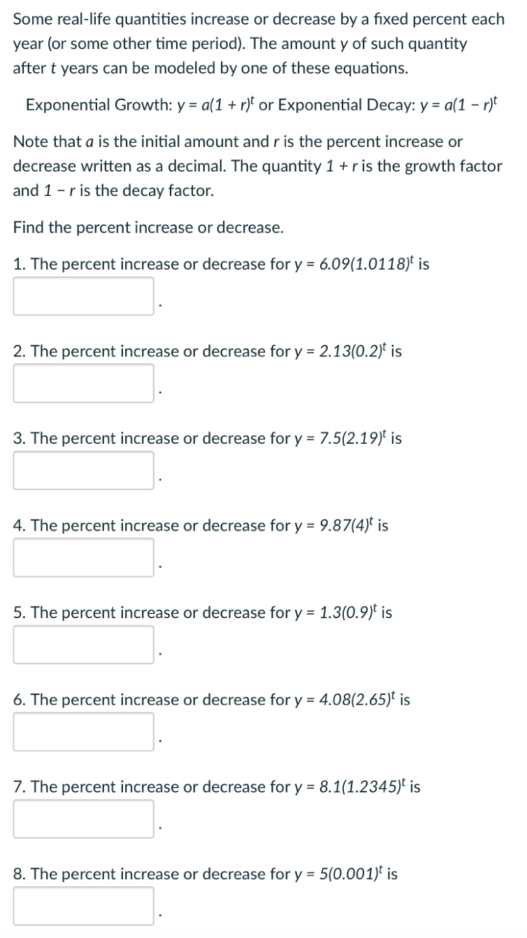 Solved Exponential Growth: y=a(1+r)t or Exponential Decay: | Chegg.com