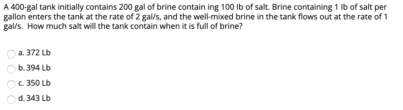 Solved A 400-gal tank initially contains 200 gal of brine | Chegg.com