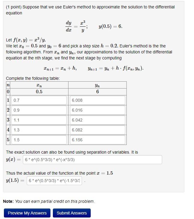 Solved (1 Point) Suppose That We Use Euler's Method To | Chegg.com