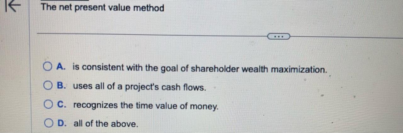 Solved The net present value method A. is consistent with | Chegg.com