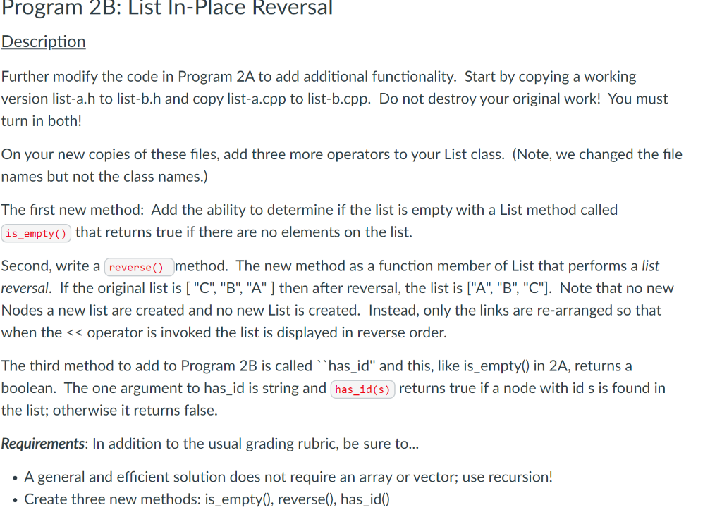 Solved Program 2B: List In-Place Reversal Description | Chegg.com