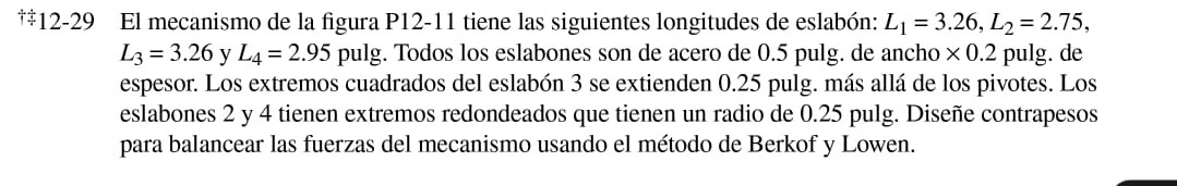 29 El mecanismo de la figura P12-11 tiene las siguientes longitudes de eslabón: \( L_{1}=3.26, L_{2}=2.75 \), \( L_{3}=3.26 \