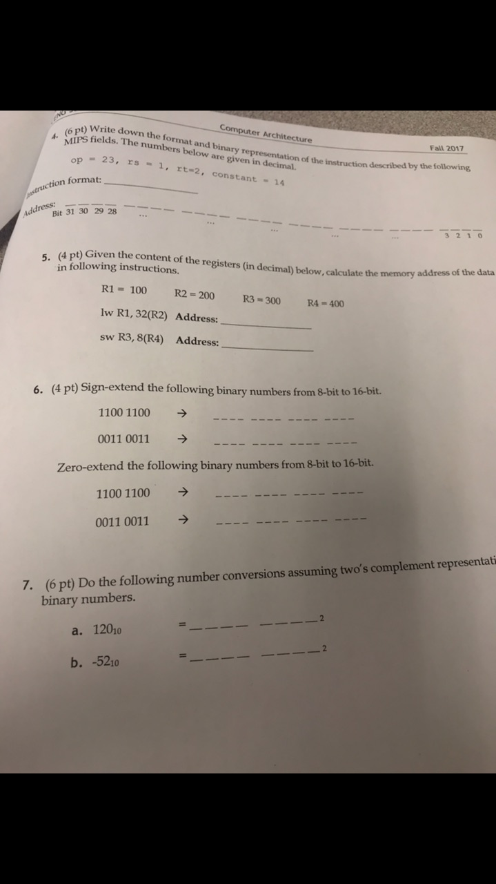 Solved Computer Architecture 4. (6 pt) W Write down the | Chegg.com