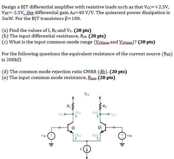Solved Design a BJT differential amplifier with resistive | Chegg.com