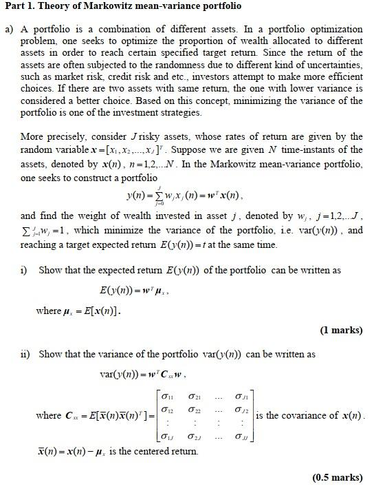 Part 1. Theory of Markowitz mean-variance portfolio | Chegg.com
