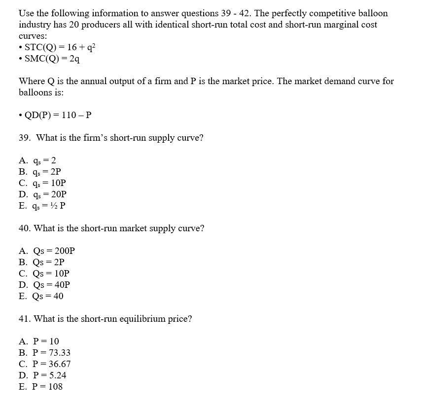 Solved Use the following information to answer questions 39