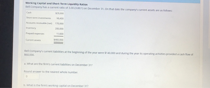 Solved Working Capital and Short Term Liquidity Ratios Bell | Chegg.com