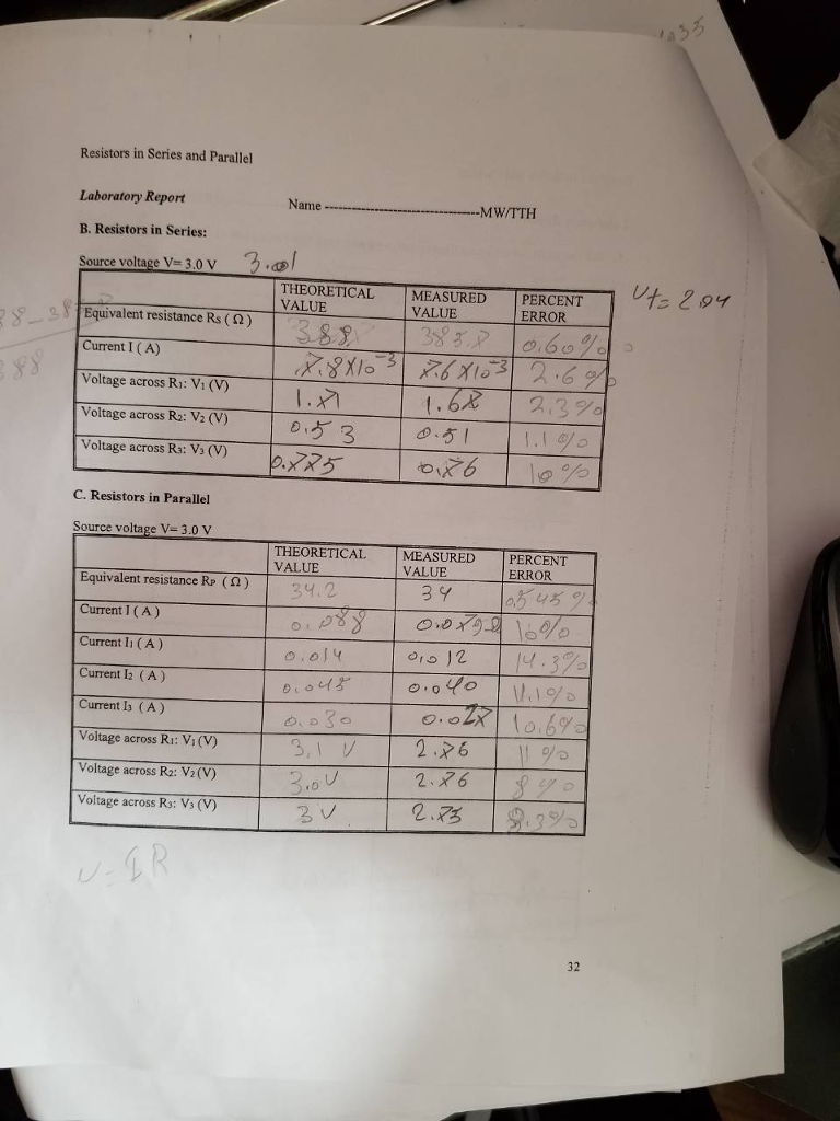 Solved Resistors in Series and Parallel Laboratory Report A.