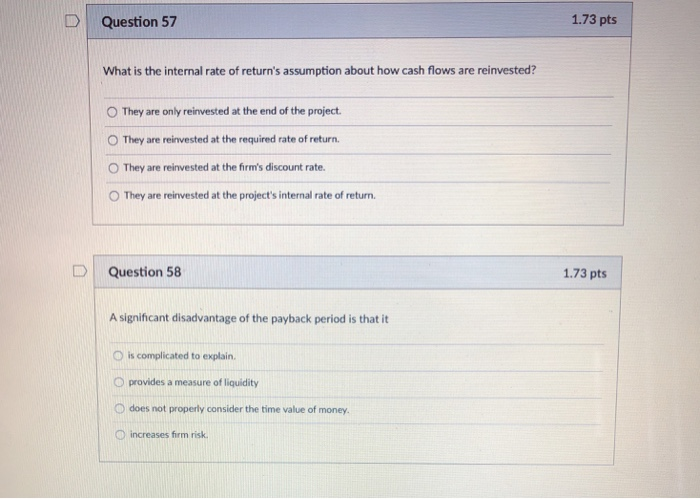 Solved D | Question 57 173 pts What is the internal rate of | Chegg.com