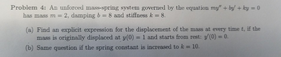 Solved Problem 4: An unforced mass-spring system governed by | Chegg.com