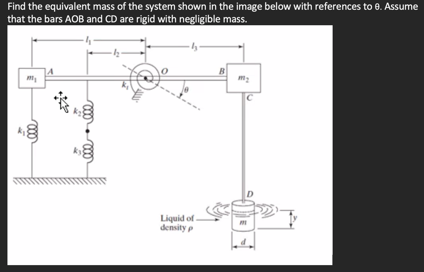 Find the equivalent mass of the system shown in the image below with references to \( \theta \). Assume that the bars \( A O 