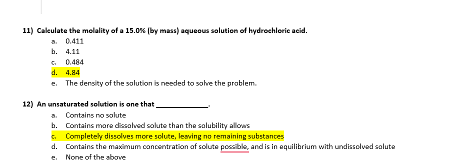 Solved 11) Calculate the molality of a 15.0% (by mass) | Chegg.com