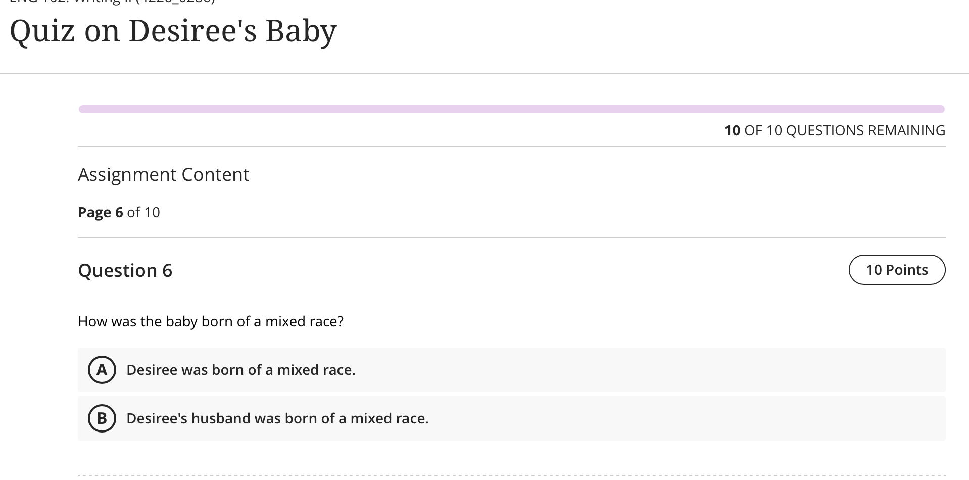 Quiz on Desiree's Baby Assignment Content Page 5 of | Chegg.com