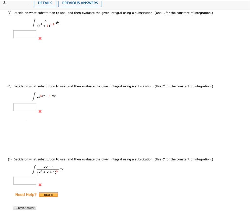 Solved ∫ X2 1 1 9xdx What Substitution To Use ∫xe6x2−1dx