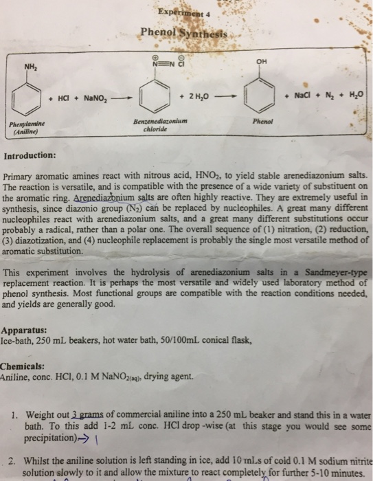 Solved Ex ent 4 Phenol Synthesis он NH2 + HCl + NaNO, Ben