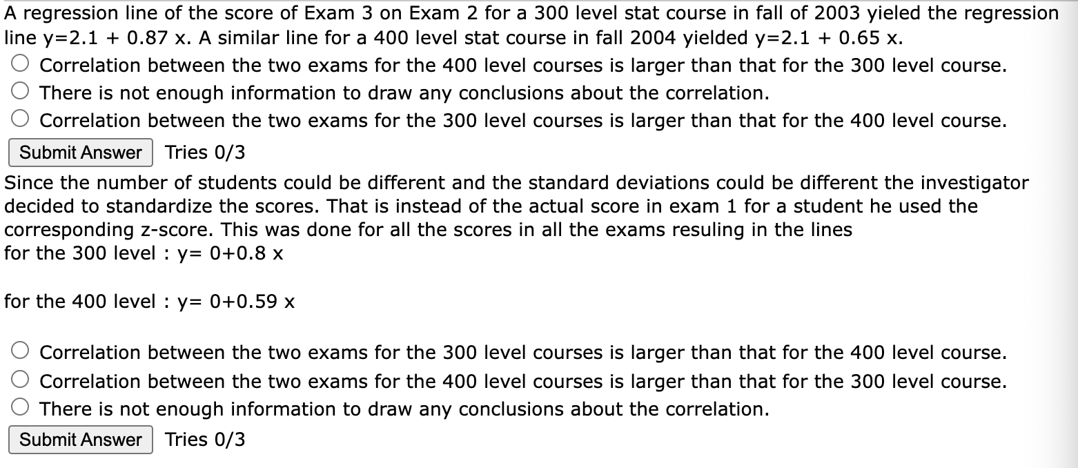 Solved A regression line of the score of Exam 2 on Exam 1 | Chegg.com