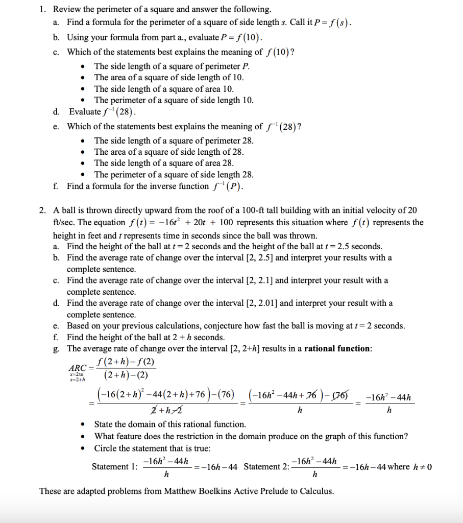 Solved . 1. Review the perimeter of a square and answer the | Chegg.com