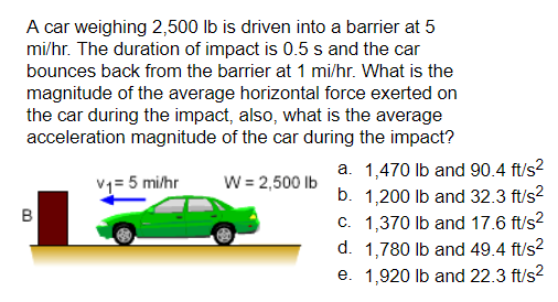 Solved A car weighing 2,500 lb is driven into a barrier at 5 | Chegg.com