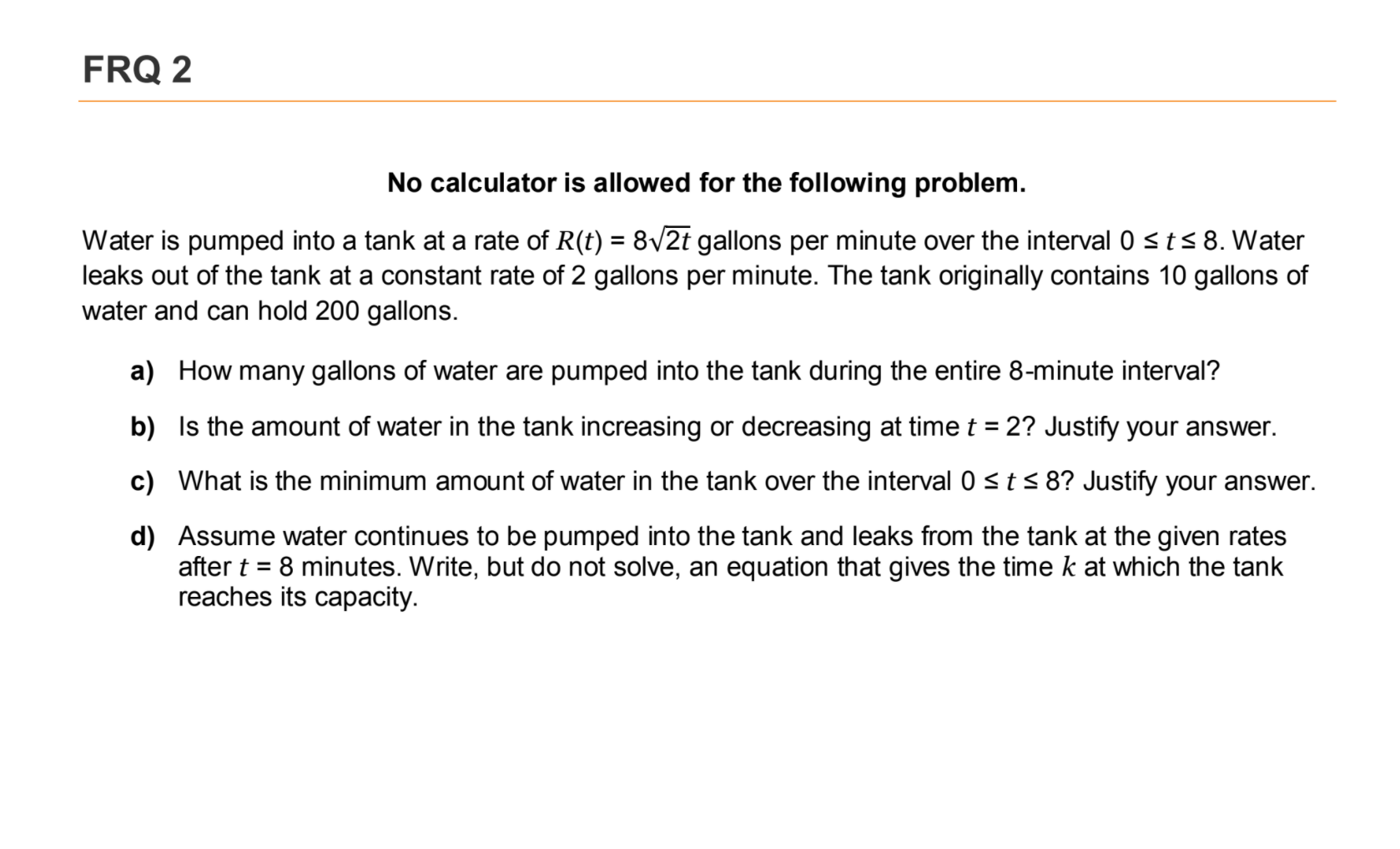Solved FRQ 2 No calculator is allowed for the following | Chegg.com