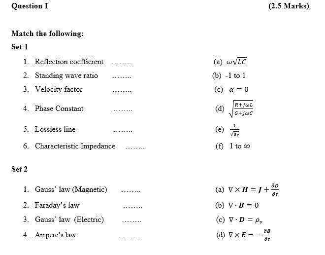 Solved Question I (2.5 Marks) Match the following: Set 1 1. | Chegg.com