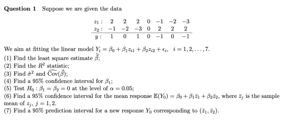 Solved Question 1 Suppose we are given the data 2 21: 22: y | Chegg.com