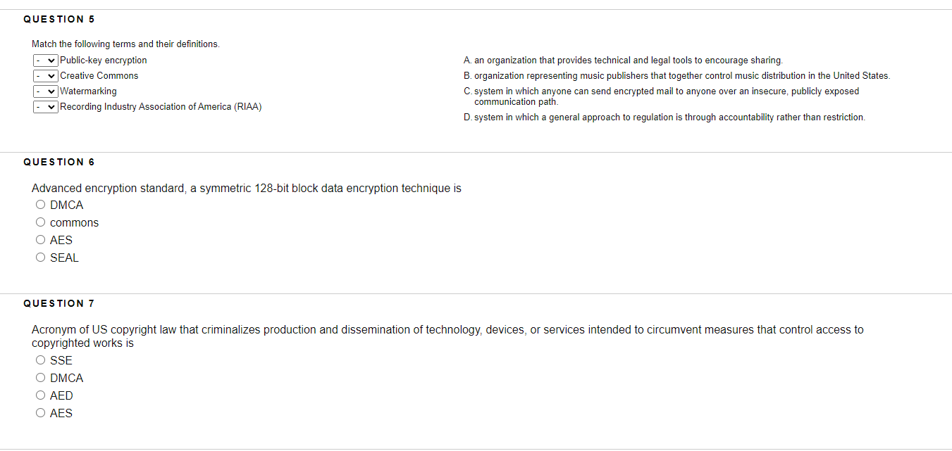 Solved QUESTION 5 Match the following terms and their | Chegg.com