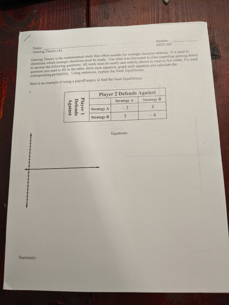 Section: MTH 205 Name Gaming Theory (A) Gaming Theory | Chegg.com