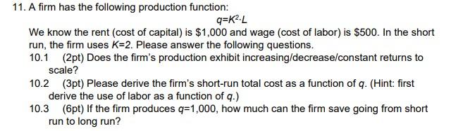 Solved 11. A firm has the following production function: | Chegg.com