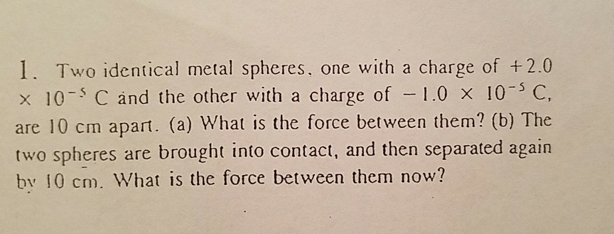 Solved 1. Two Identical Metal Spheres, One With A Charge Of | Chegg.com