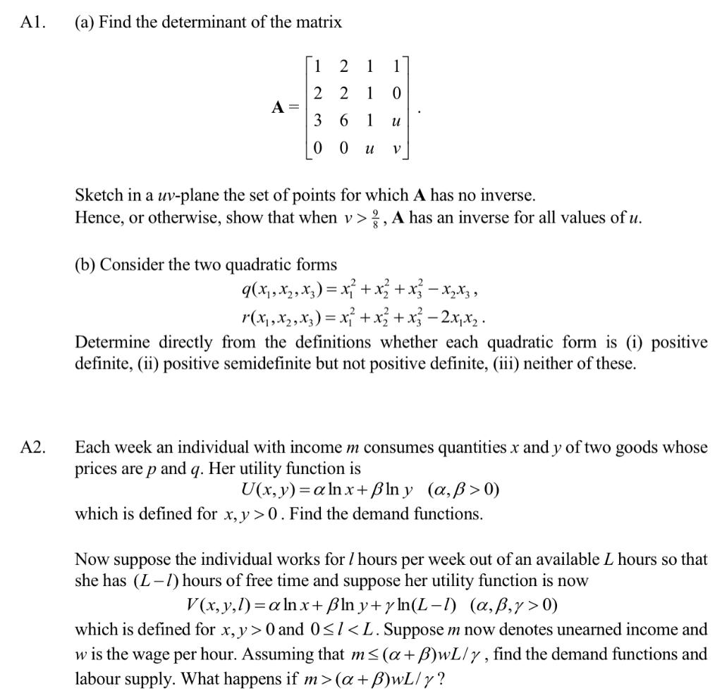 Solved A1 A Find The Determinant Of The Matrix ſi 2 1 Chegg Com