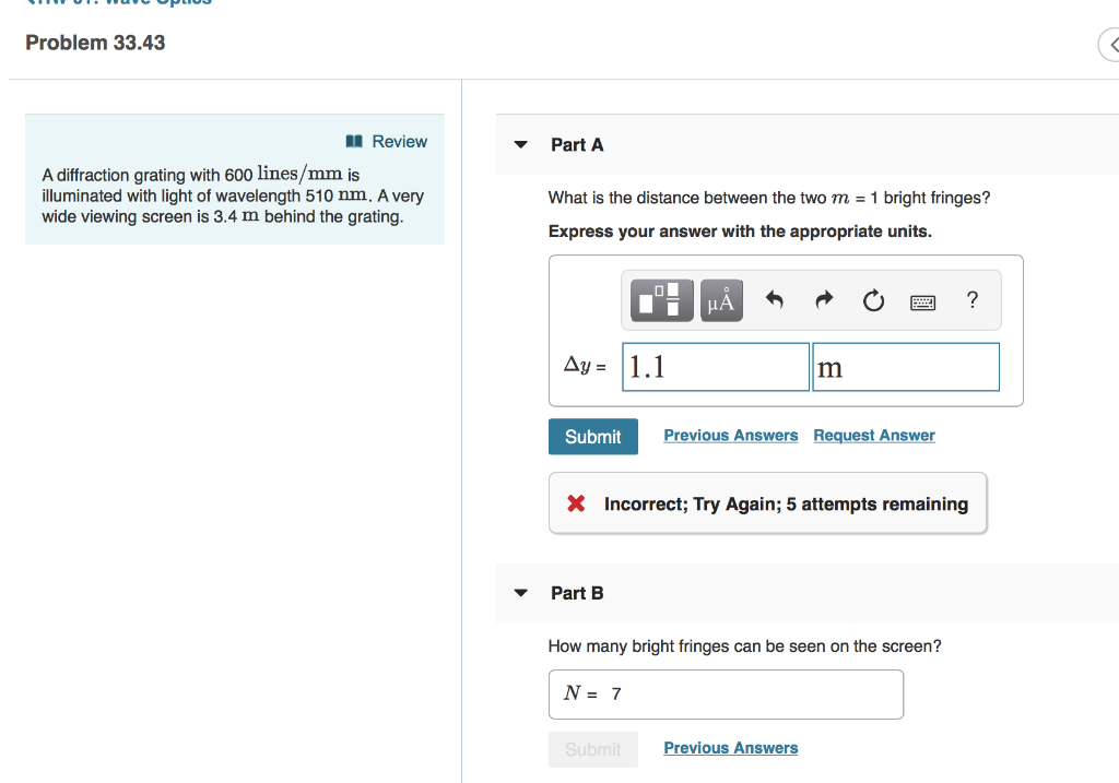 Solved Problem 33.43 Review Part A A diffraction grating | Chegg.com