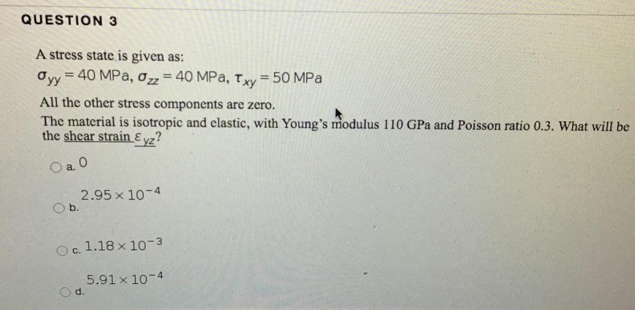 Solved QUESTION 3 A stress state is given as: Oyy = 40 MPa, | Chegg.com