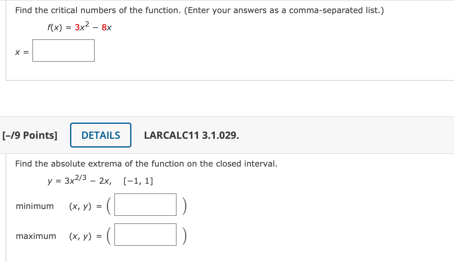 Solved F X 3x2−8x X [ 19 Points] Larcalc11 3 1 029 Find