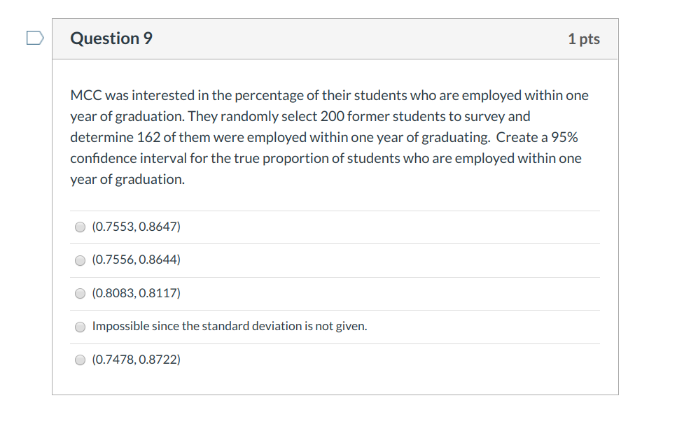 Solved Question 9 1 pts MCC was interested in the percentage | Chegg.com