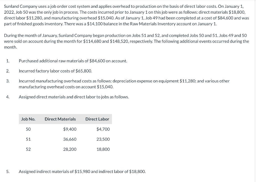 Solved Sunland Company uses a job order cost system and | Chegg.com