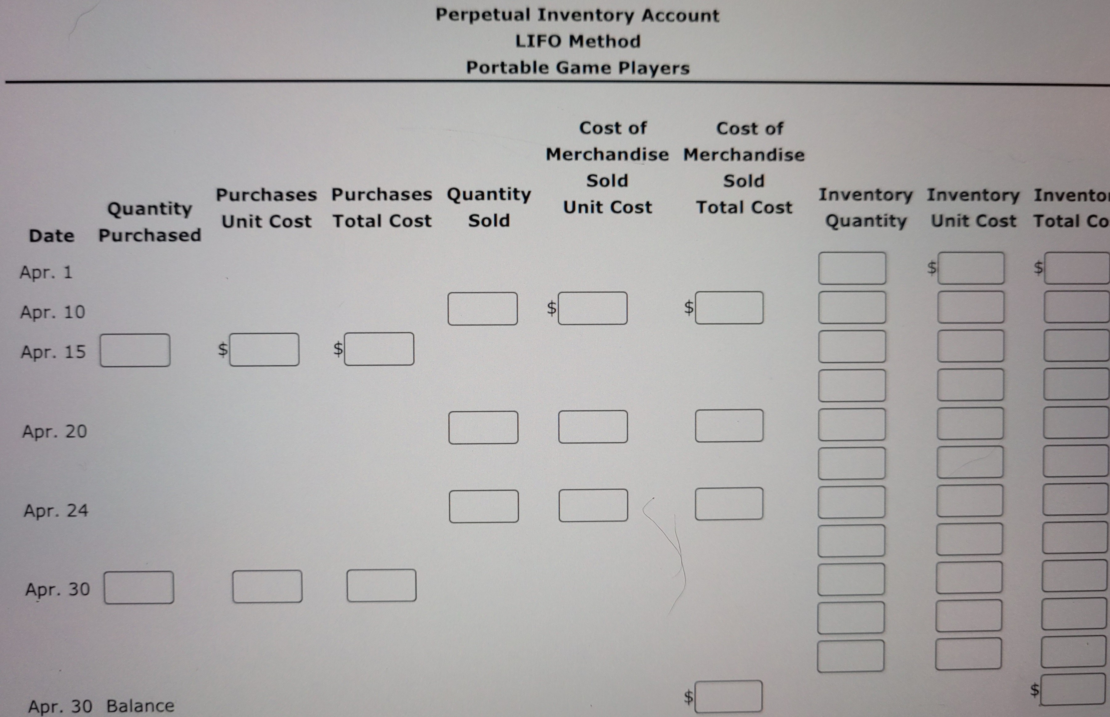 Perpetual Inventory Account
LIFO Method
Portable Game Players