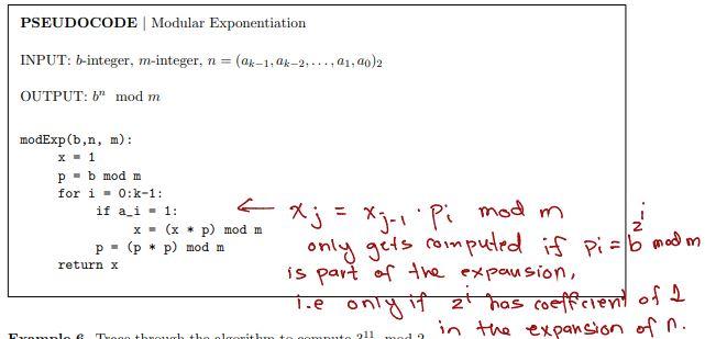 PSEUDOCODE | Modular Exponentiation
INPUT: \( b \)-integer, \( m \)-integer, \( n=\left(a_{k-1}, a_{k-2}, \ldots, a_{1}, a_{0
