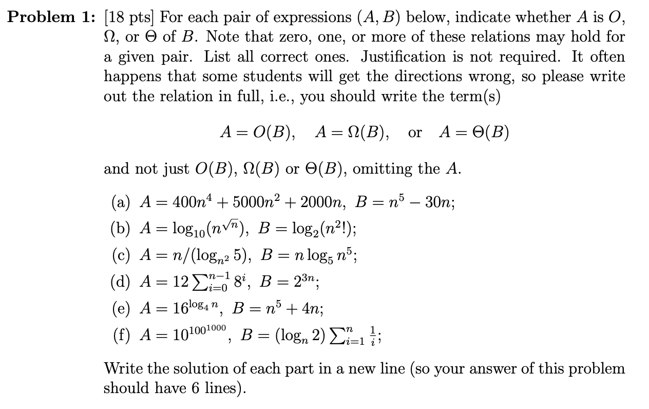Problem 1 18 Pts For Each Pair Of Expressions Chegg Com