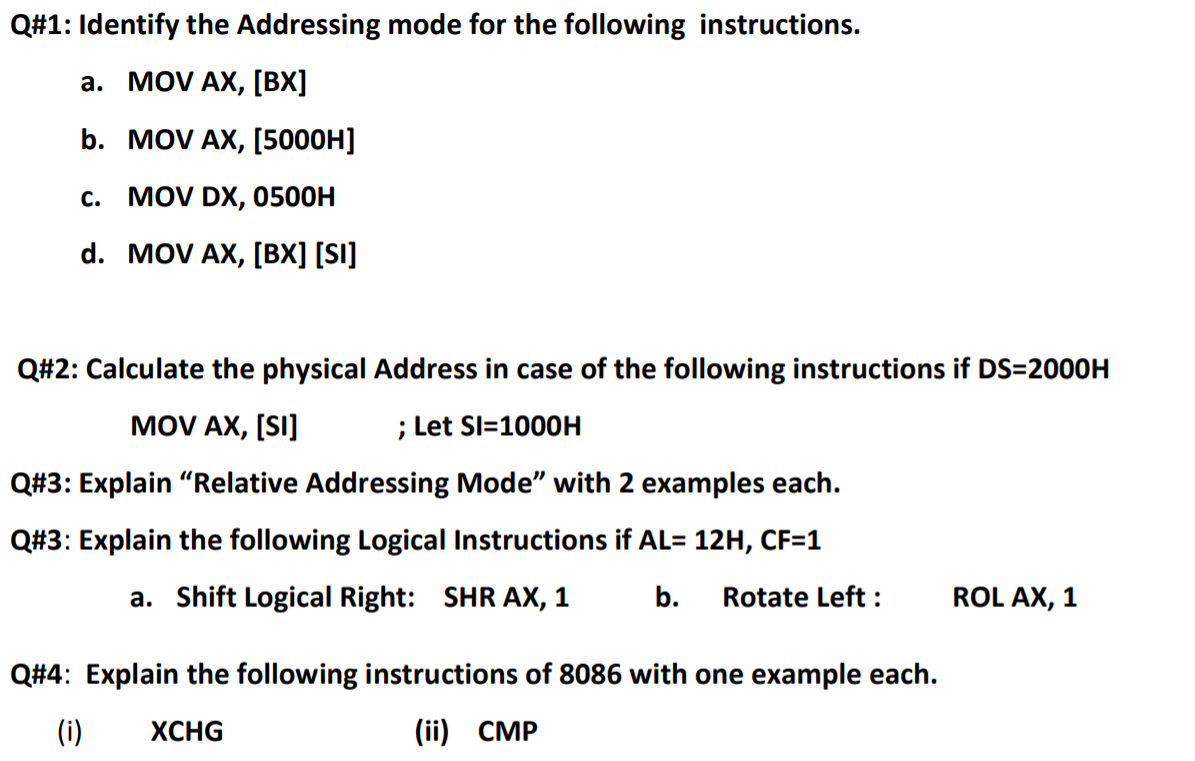 Solved Q#1: Identify the Addressing mode for the following | Chegg.com