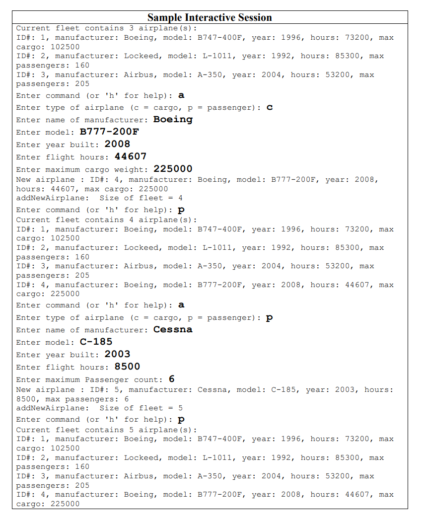Solved Airplane Fleet Application Program This project | Chegg.com